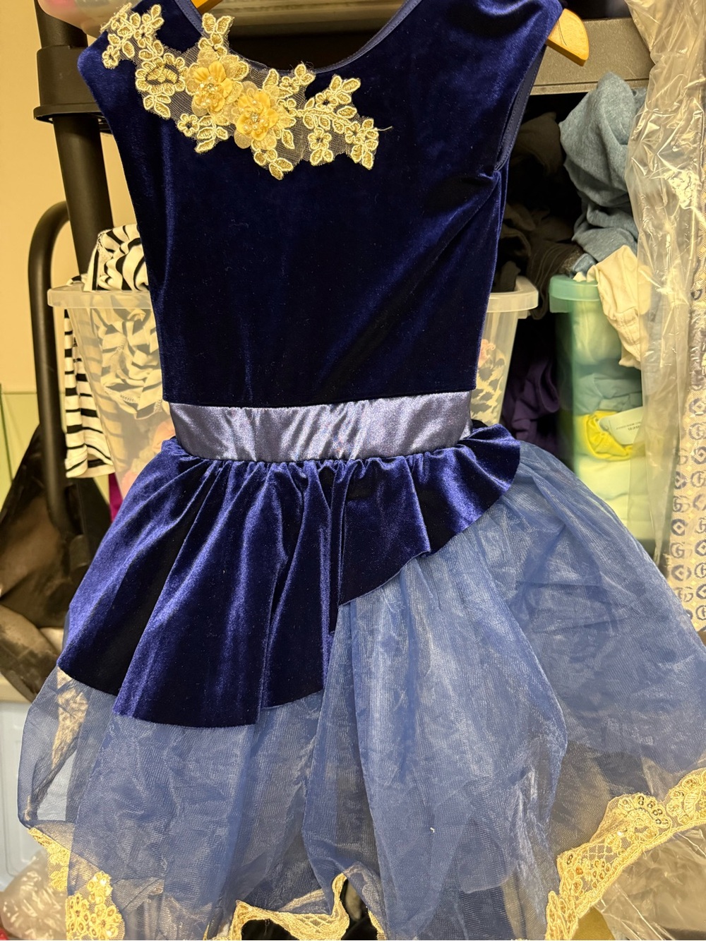 Source Unknown Navy Velvet and Blue Tulle Dance Dress with Gold Applique